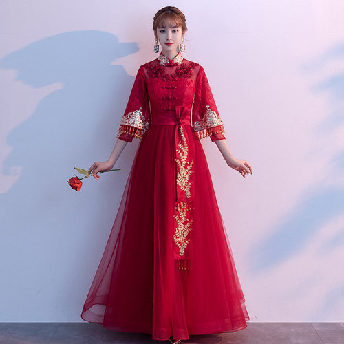 2026新款中式敬酒服新娘酒红色秋冬款结婚礼服女公主中国风礼