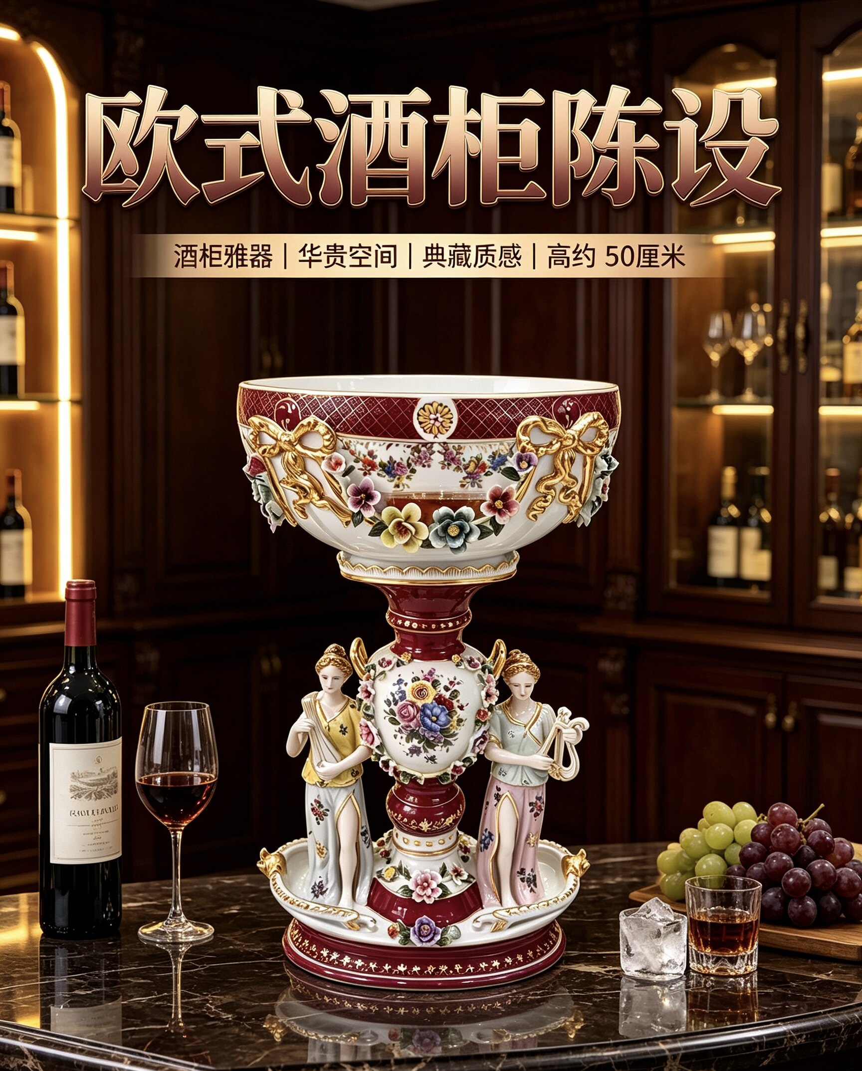 陶瓷摆件&bull; 鎏金双美女神花果陈设器&bull;30&times;20&times;50厘米 中古瓷器