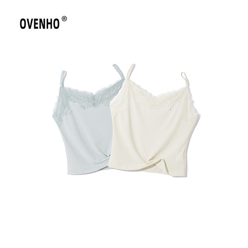 OVENHO文厚 苍烟落照花边拼接百搭天丝吊带