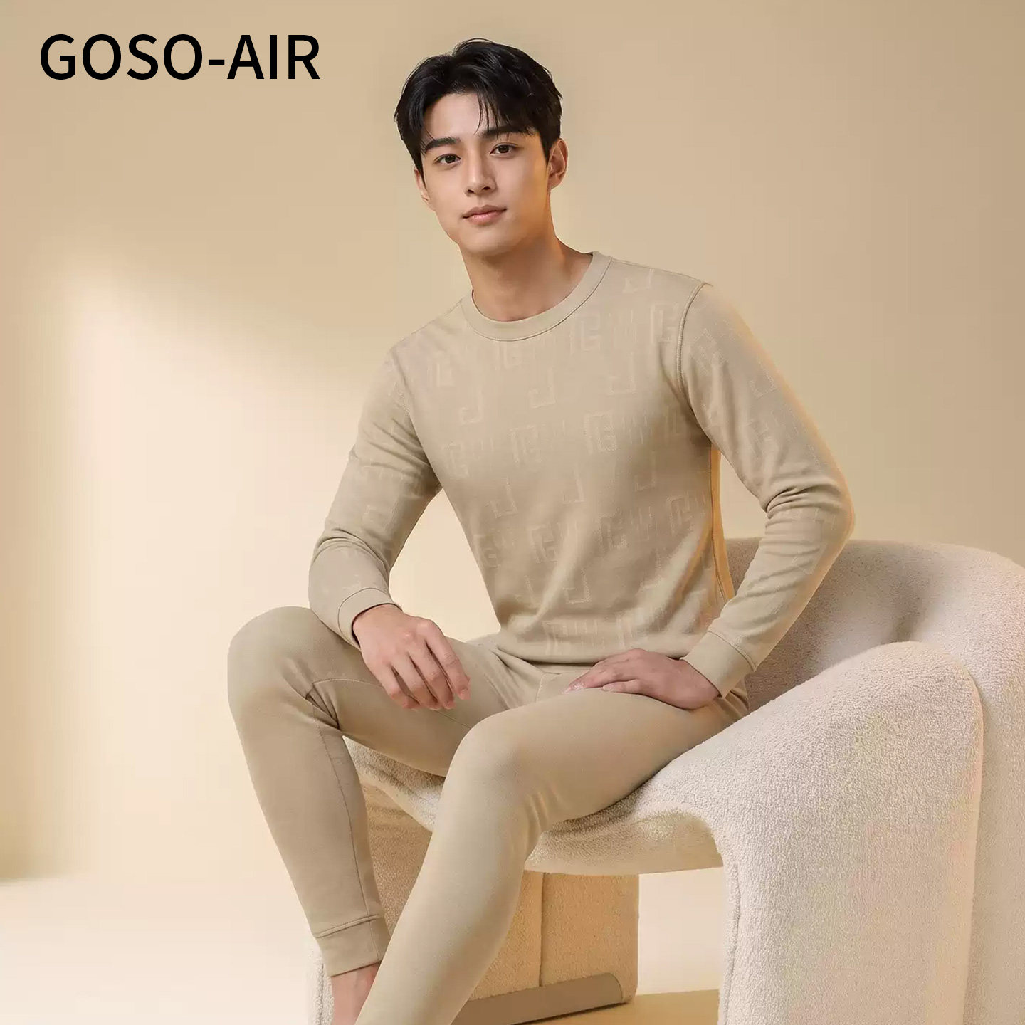 GOSO-AIR男士抛线提花超柔绒长袖保暖套装秋衣秋裤内衣两件套秋冬
