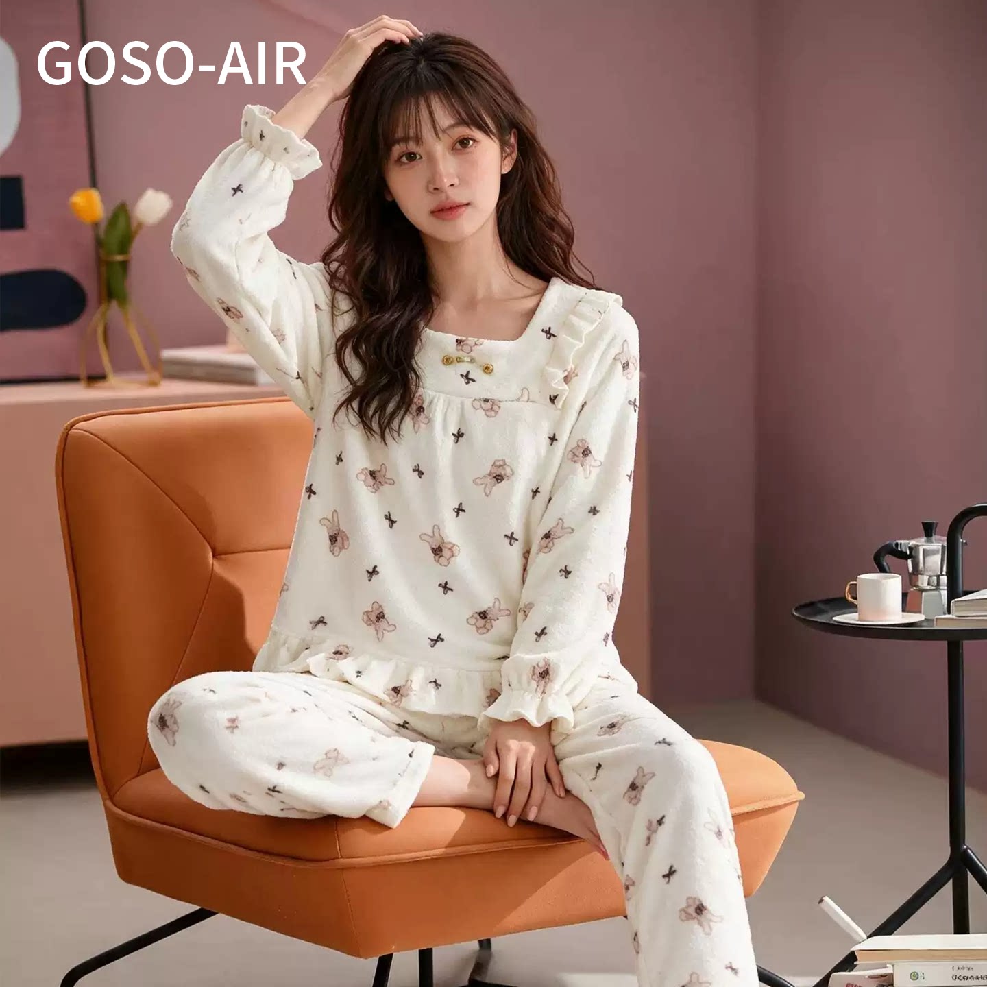 GOSO-AIRT女士家居服甜美法兰绒长袖套装卡通图案睡衣长裤秋冬款