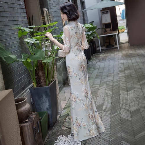 2026新款女改良旗袍新式少女修身长款中国风鱼尾礼服优雅走秀演出