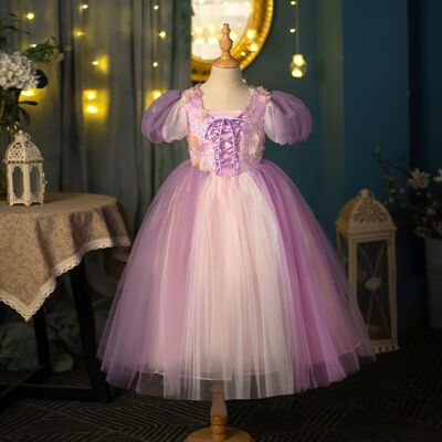 2026新款长发公主裙Rapunzel圣诞节礼服立体花朵装饰女童