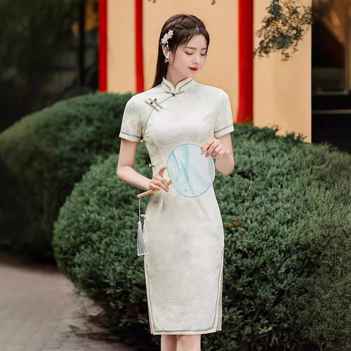 2026新款春夏八扣中长蕾丝旗袍少女款修身旗袍连衣裙改良复古旗袍