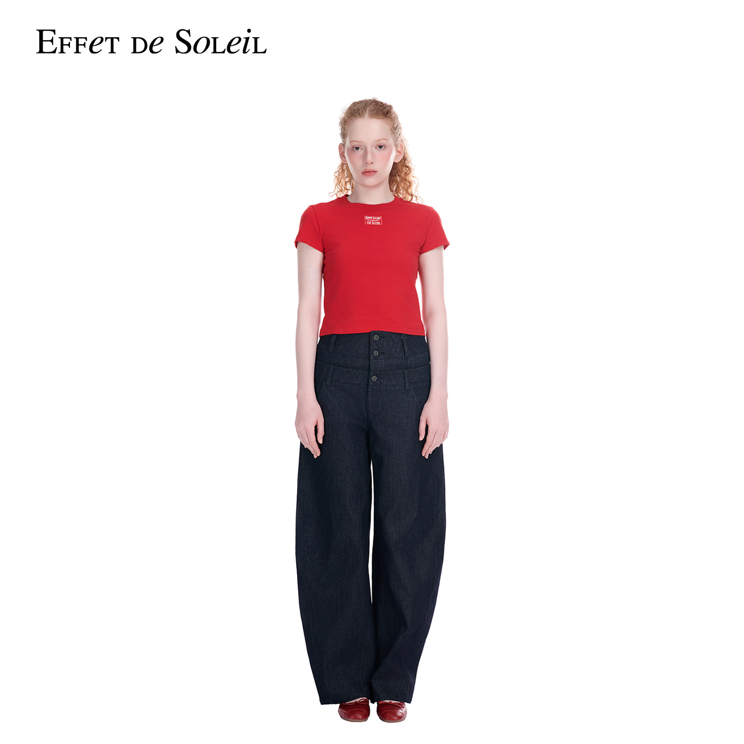 Effet de Soleil原色做旧牛仔裤女双腰头弯刀裤子