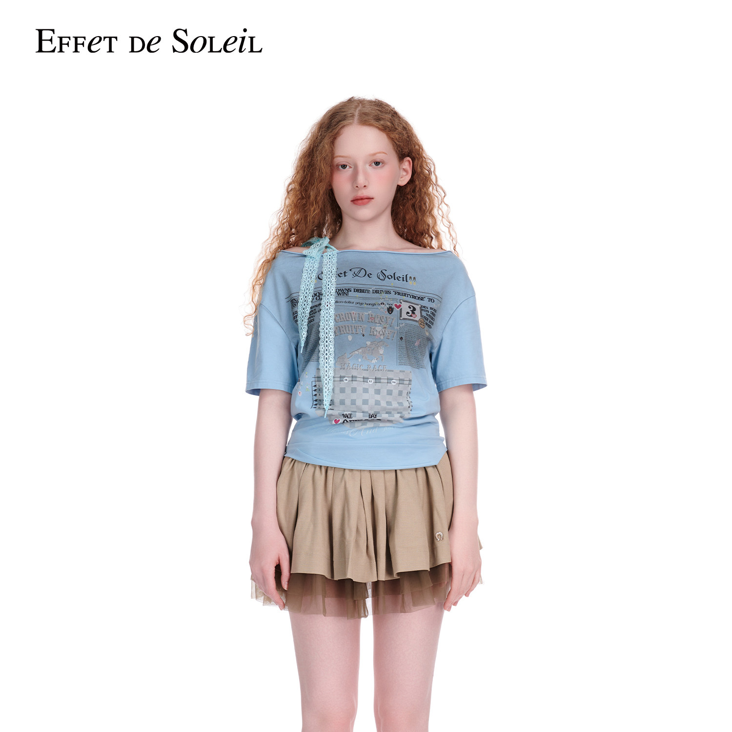 Effet de Soleil蕾丝斜肩印花上衣女修身短袖T恤新品26夏