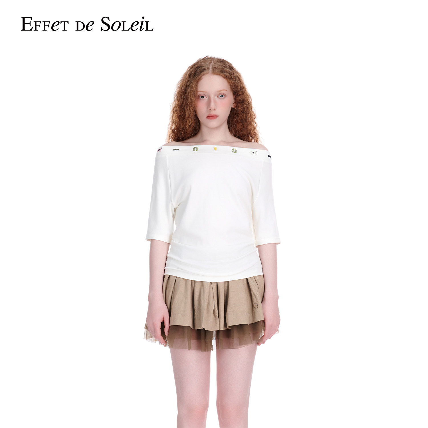 Effet de Soleil斜肩短袖T恤女辣妹外穿露肩上衣新品26夏