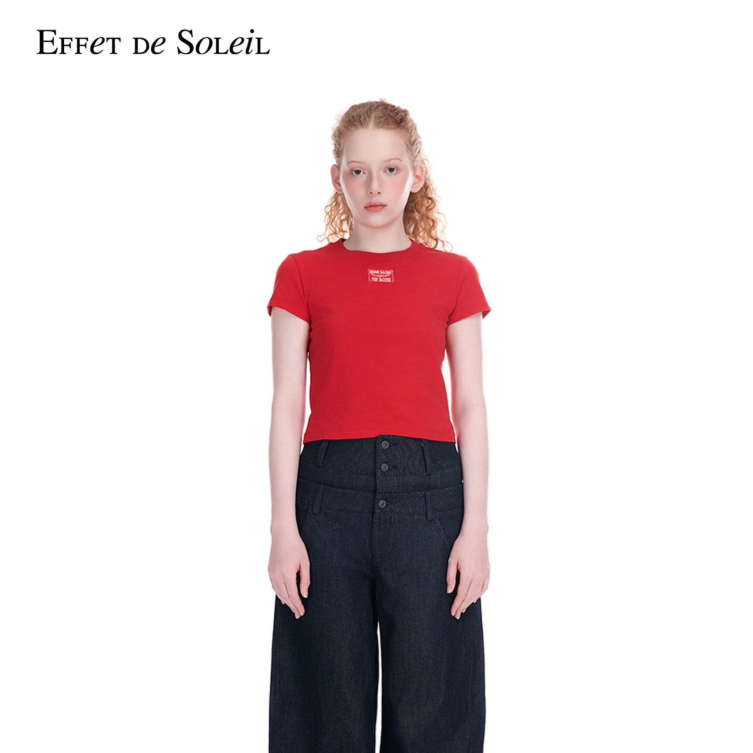 Effet de Soleil红色正肩短袖T恤女修身短款上衣新品26春