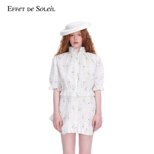 Effet de Soleil碎花褶皱多层网纱短袖T恤上衣女新品26夏