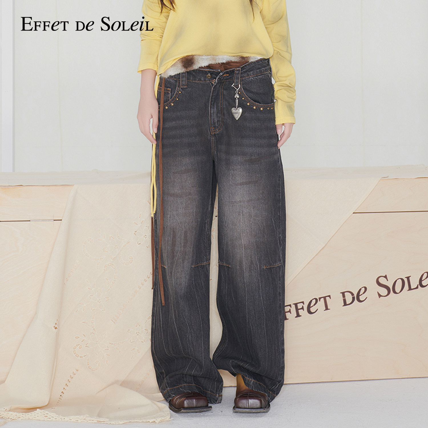 【ENG】Effet de Soleil铆钉褪色脏脏裤宽松直筒牛仔长裤女装新品