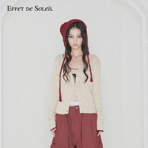 Effet de Soleil圆领撞色针织长袖T恤女外套短款百搭开衫上衣新品