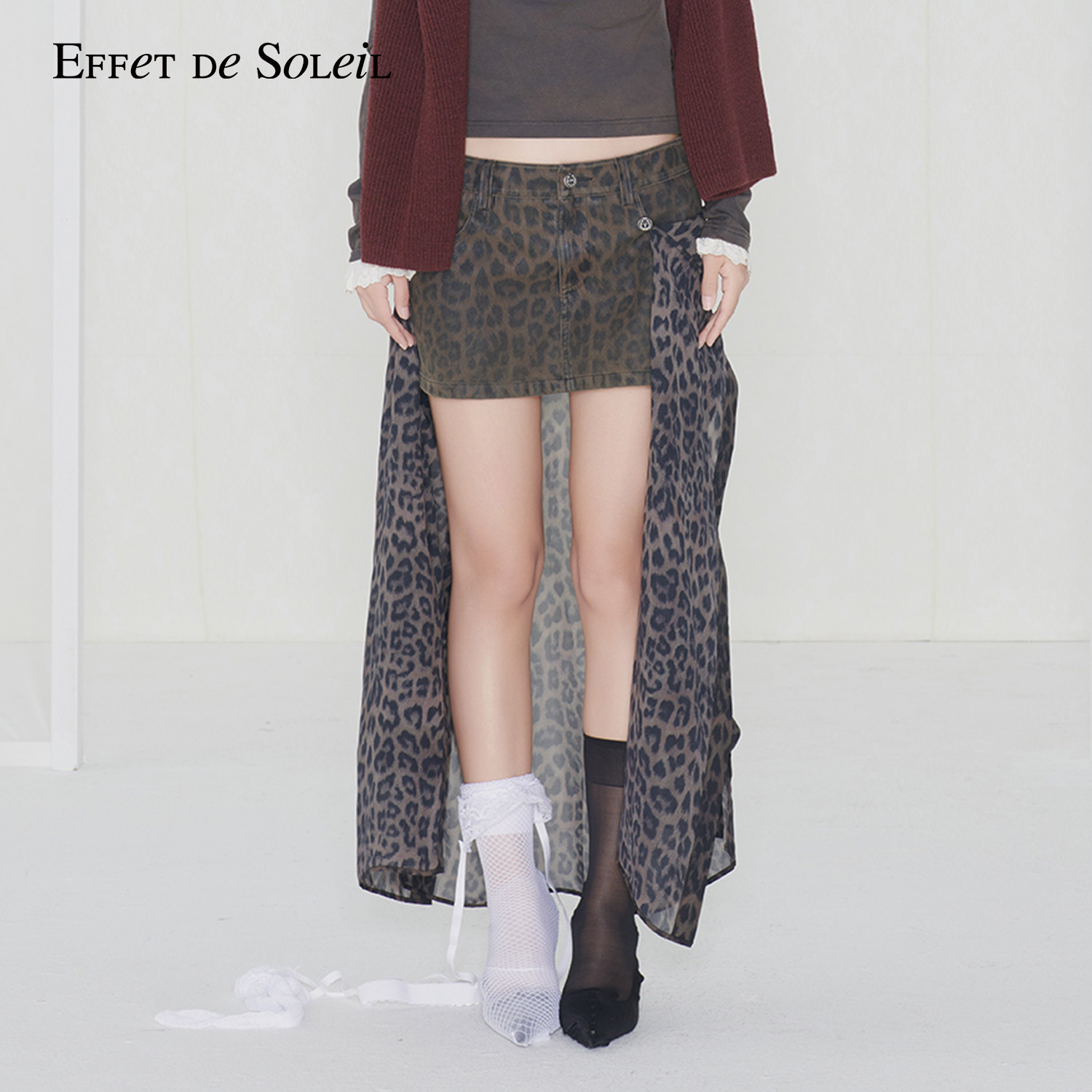 Effet de Soleil两件式豹纹衬衫上衣低腰短裙半身裙女装新品