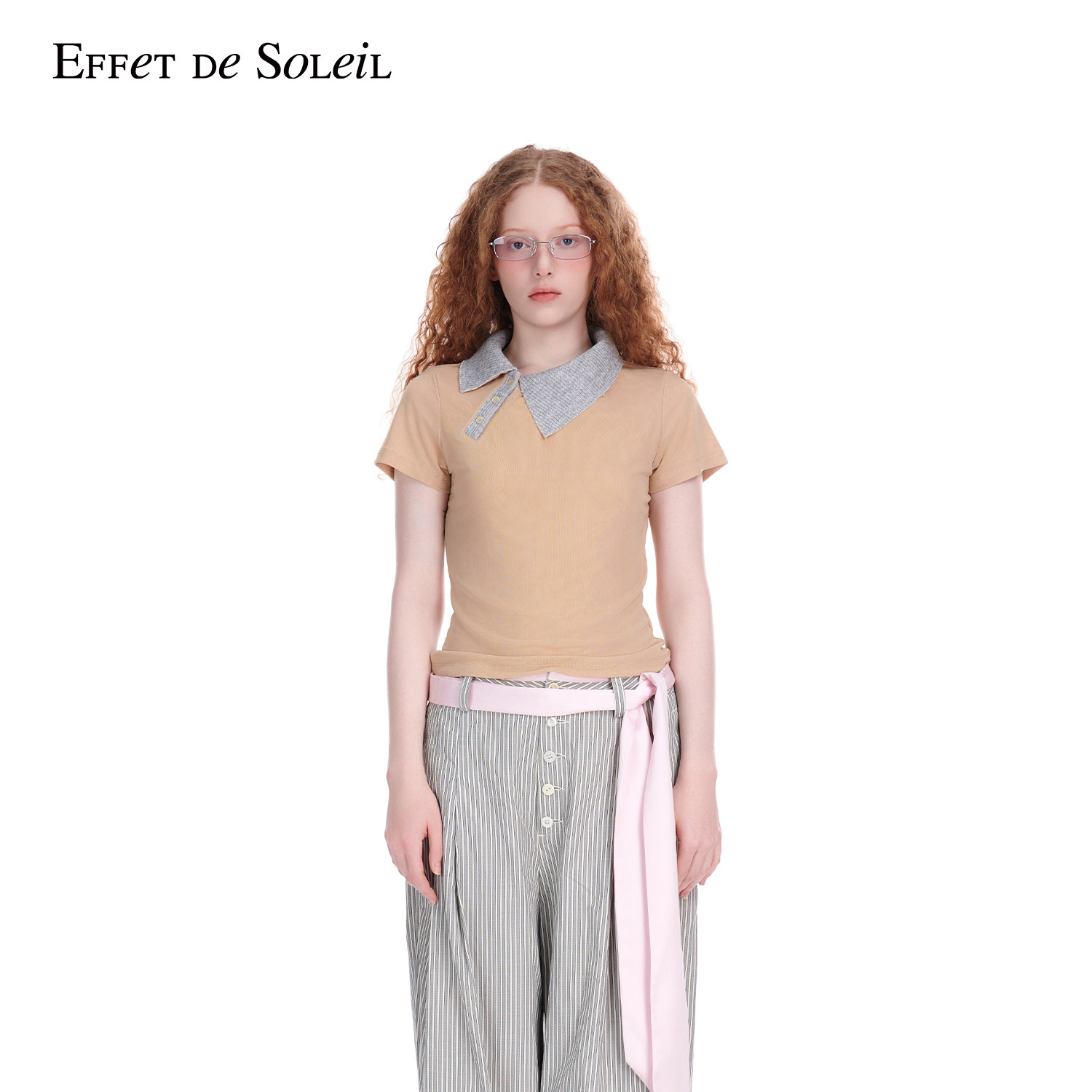 Effet de Soleil网纱拼接斜领短袖T恤女修身短上衣新品26夏