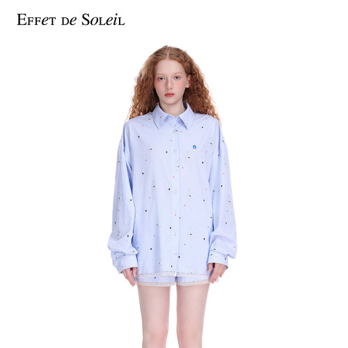 Effet de Soleil格纹印花长款蕾丝花边衬衫上衣女新品26夏