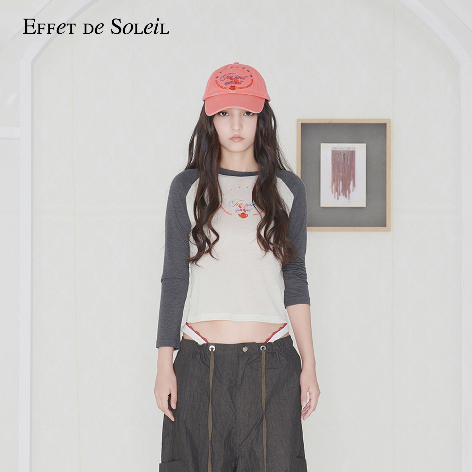 Effet de Soleil复古撞色插肩袖长袖T恤女修身打底衫上衣