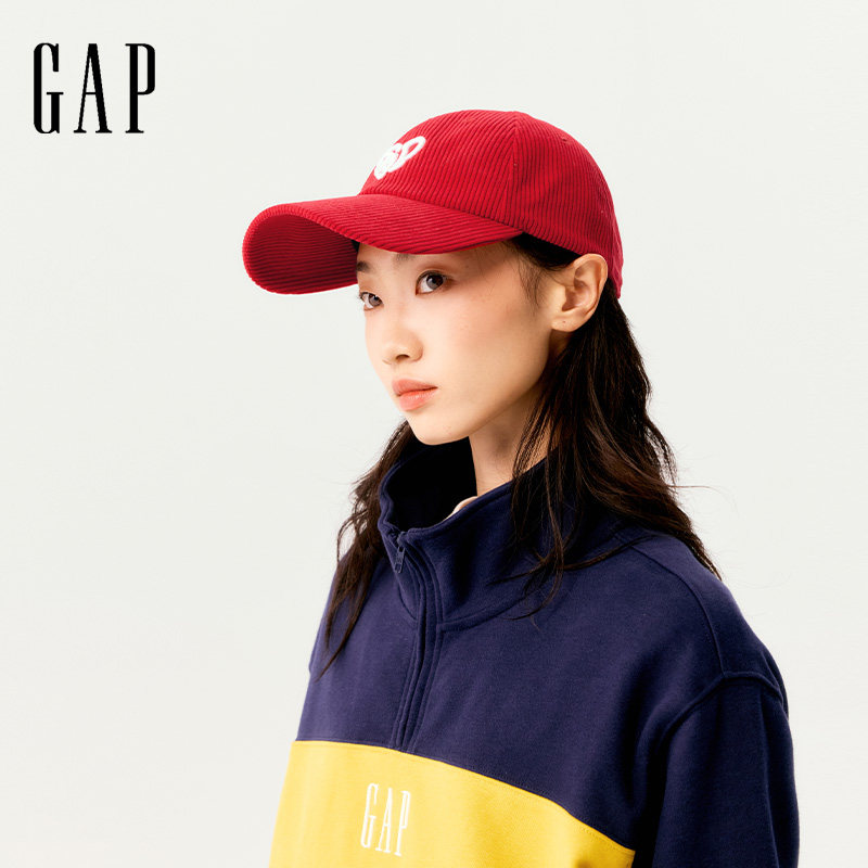 GAP秋冬新款LOGO刺绣复古红灯芯绒棒球帽情侣鸭舌帽弯沿帽