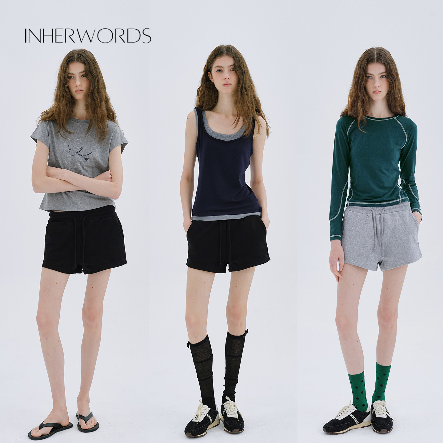 INHERWORDS 夏季简约宽松休闲百搭慵懒风抽绳纯色基础款运动短裤