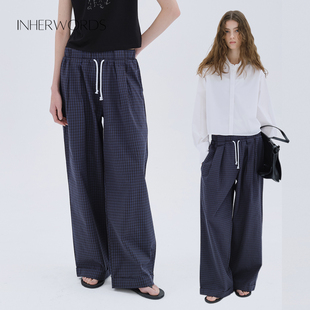 松弛感纯棉格纹阔腿松紧腰宽松百搭休闲长裤 INHERWORDS 春夏新款