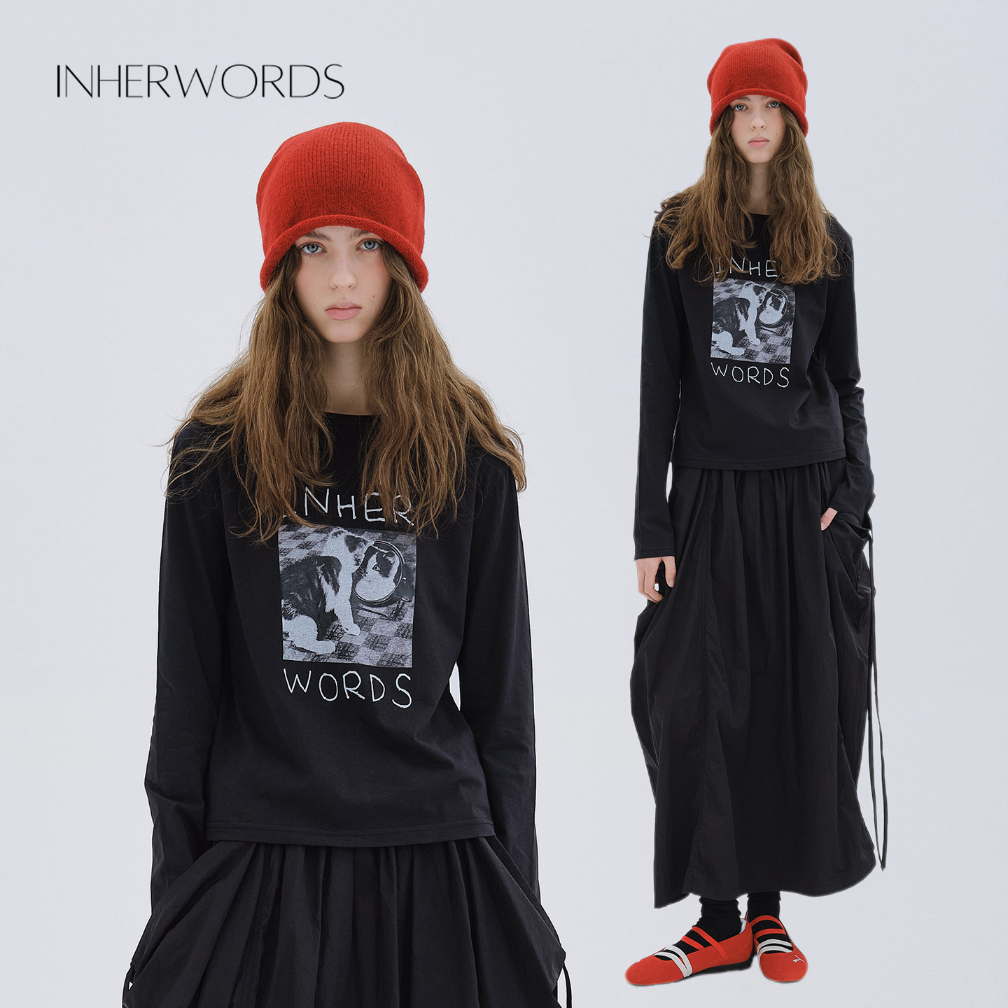 INHERWORDS 春季百搭圆领棉麻混纺趣味猫咪印花套头内搭长袖T恤女