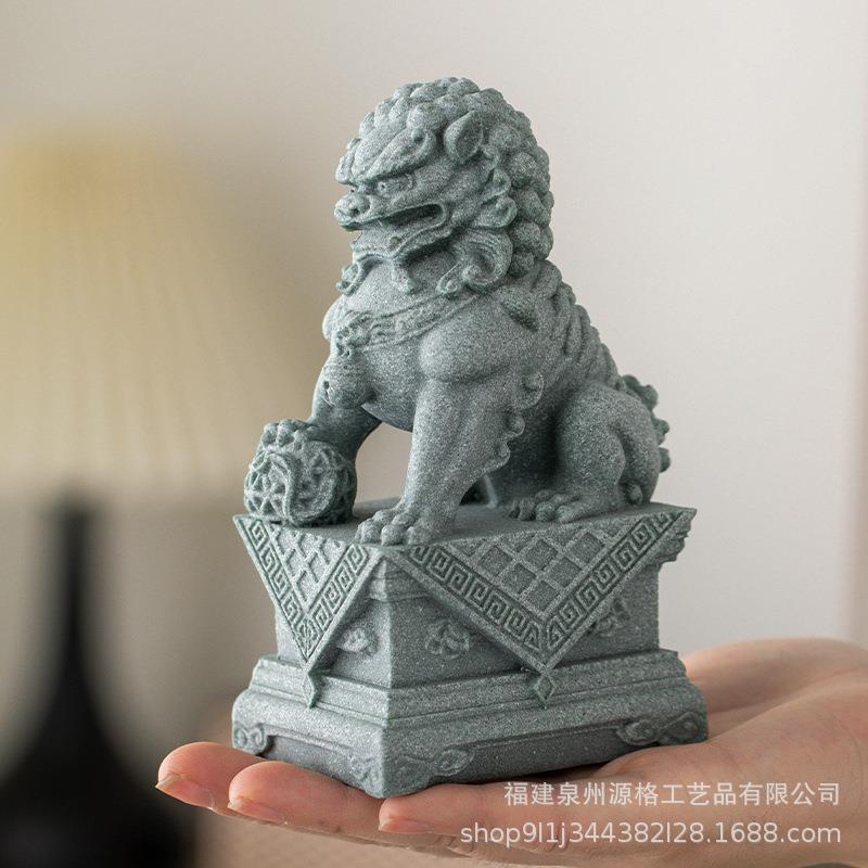 国潮中式青砂石石狮一对摆件鱼缸造景瑞兽桌面家居客厅装饰品手工