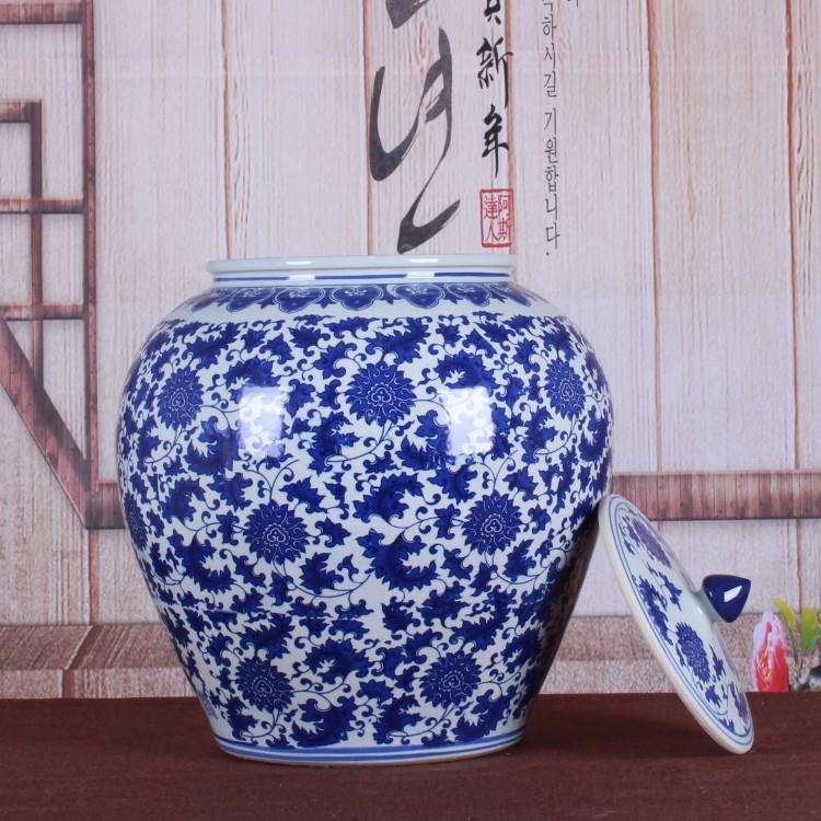 陶瓷米缸酒坛子50斤装釉下彩青花瓷圆罐子带盖密封家居储物缸
