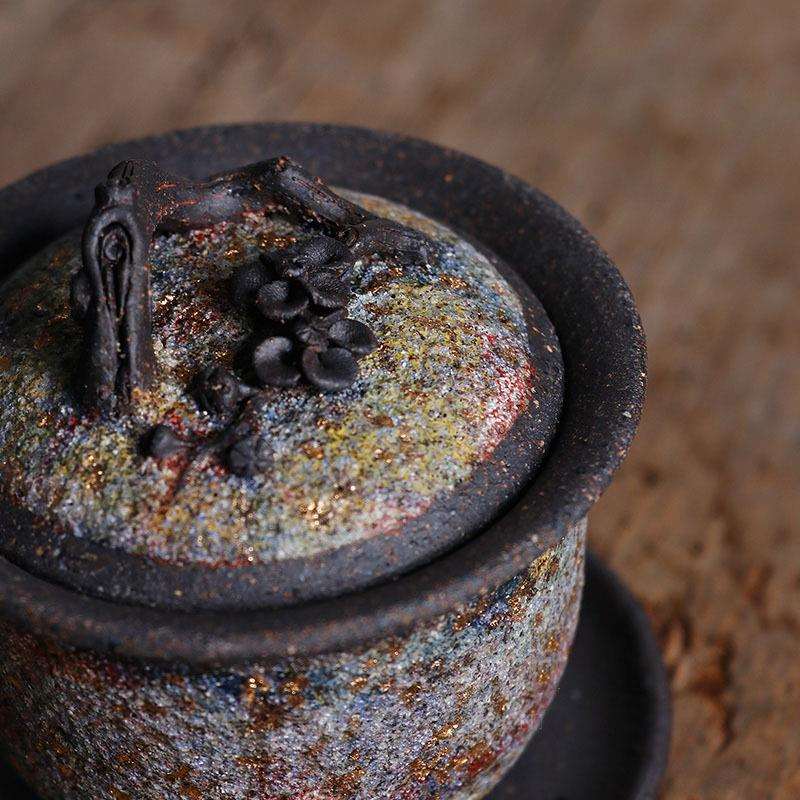 日式岩矿梅花盖碗茶杯柴烧手作三才碗单个泡茶碗复古粗陶茶具可养