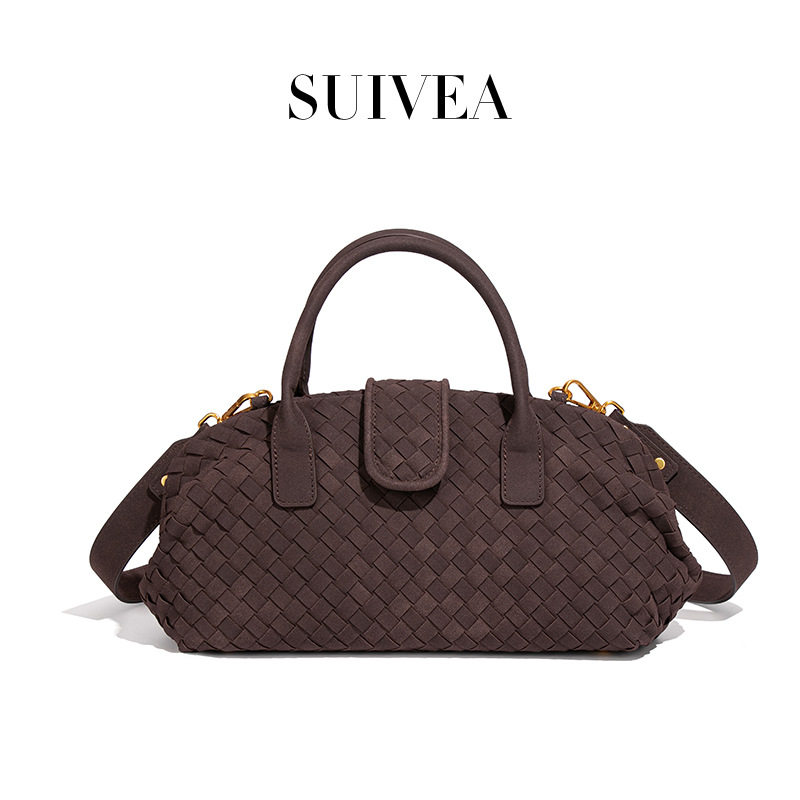 2026新款感磨砂手提贝壳包复古麂皮绒手工编织女包大容量单肩斜跨