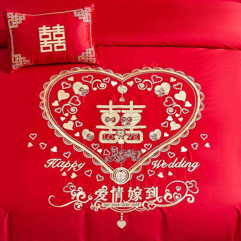 肖恩2025新款婚庆床上用品床裙秀边双面80支长绒棉婚庆多件套套件