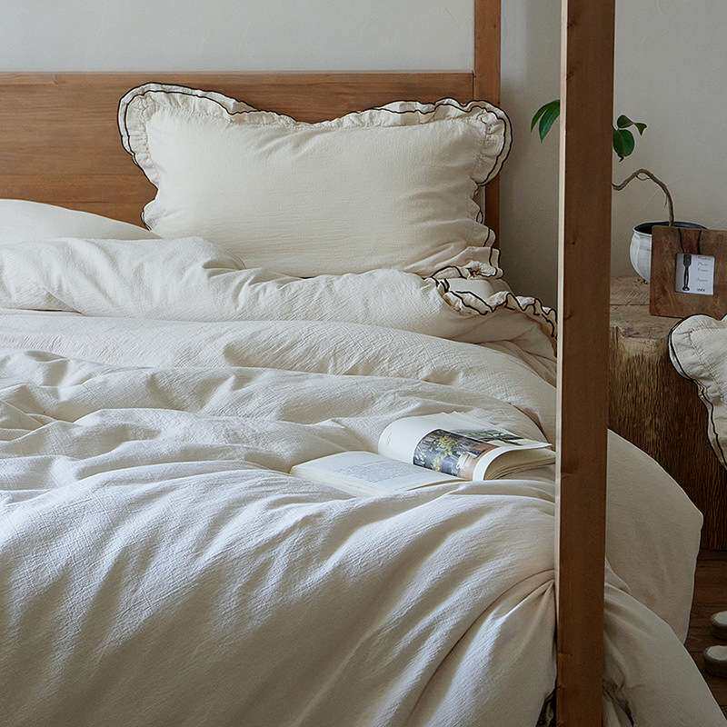 法式复古全棉纯棉双层纱四件套密拷木耳边被套床单纯色双人床品