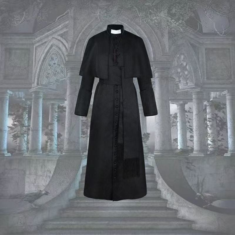 中世纪复古牧师演出服万圣节成人cos神父披肩长袍纯色修道院制服