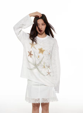 幸运海星THELIGHT原创新款长袖印花烫钻圆领T恤白色宽松休闲慵懒