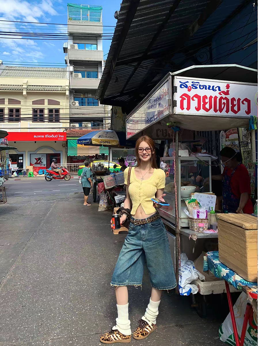 ffcheer 东京24S 美式复古牛仔短裤女夏季直筒低腰五分中裤子七分