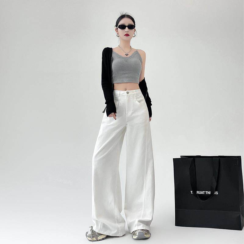 里歌曼白色高腰阔腿牛仔裤女宽松2025夏季新款高端直筒薄款裤子女