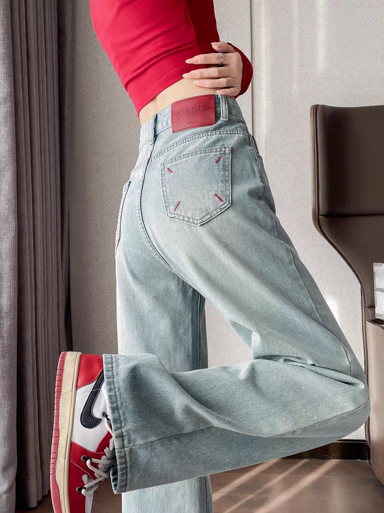 窄版高腰冰川蓝阔腿牛仔裤女宽松垂感直筒裤2025年秋季新款设计感