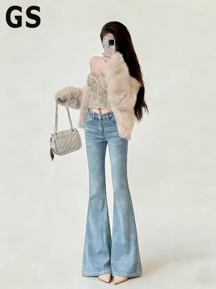 满天星烫钻高腰微喇牛仔裤女2026冬季新款小个子显瘦喇叭裤子