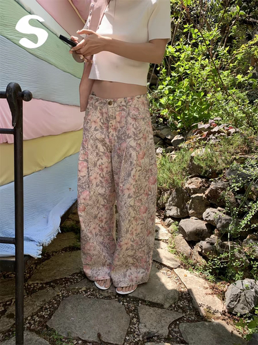 Sleep at 11 韩系低腰粉色碎花花裤子阔腿裤女休闲印花牛仔裤长裤