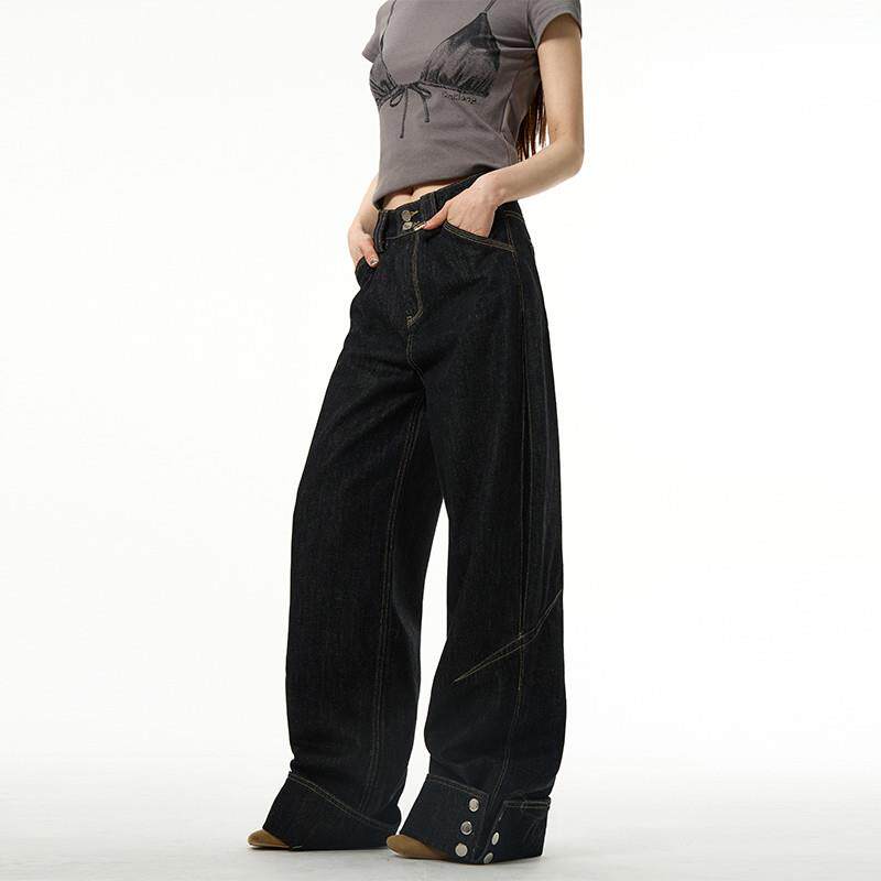 尾郎的店美式覆古黑色裤子男直筒宽松bf慵懒风潮牌阔腿牛仔裤情侣