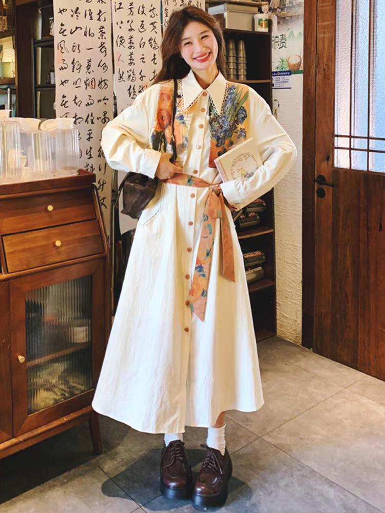 2026春秋新款时尚设计感新中式印花拼接假两件时尚百搭长袖连衣裙