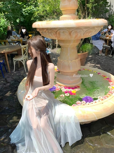 白水女【人鱼公主】薄荷绿网纱吊带连衣裙女海边度假复古气质裙子