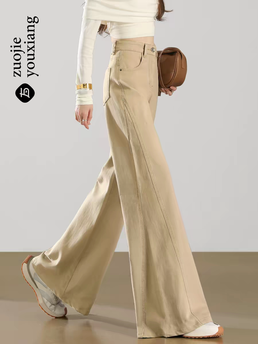 卡其色微喇牛仔裤女2026春季新款宽松高腰小个子A版阔腿喇叭裤子