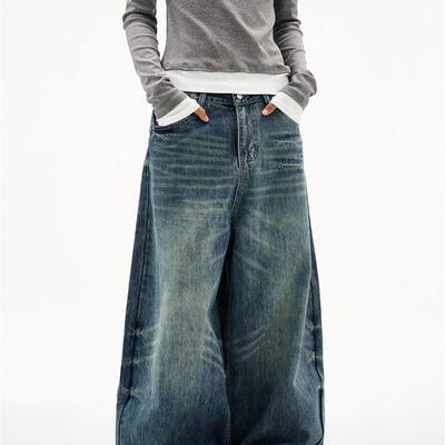 THUMPUP美式覆古水洗弯刀牛仔裤男女宽松廓形vintage直筒阔腿裤子