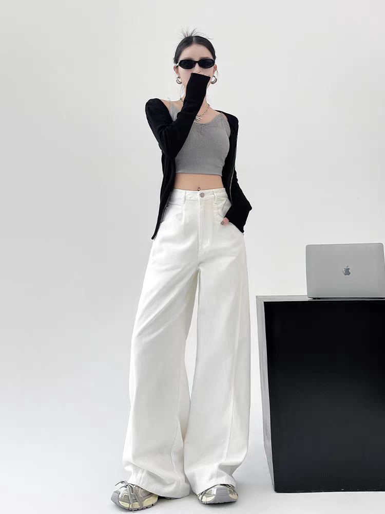 里歌曼白色高腰阔腿牛仔裤女宽松2026春季新款高端直筒裤子女百搭