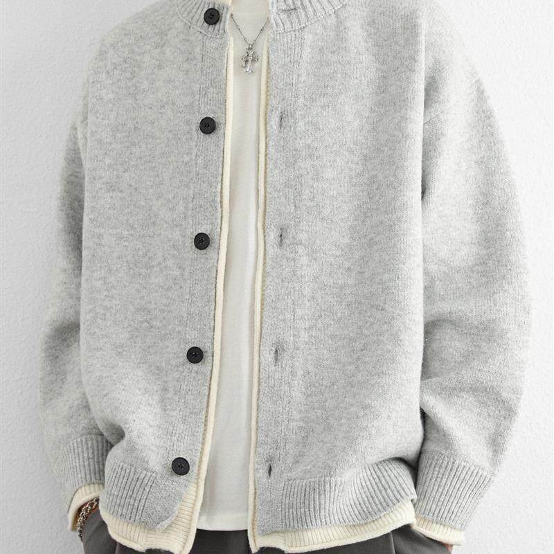 罗蒙假两件针织开衫外套男秋冬季新款夹克美式潮牌高级感圆领毛衣