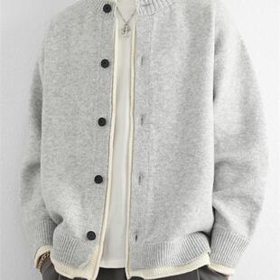 罗蒙假两件针织开衫外套男秋冬季新款夹克美式潮牌高级感圆领毛衣