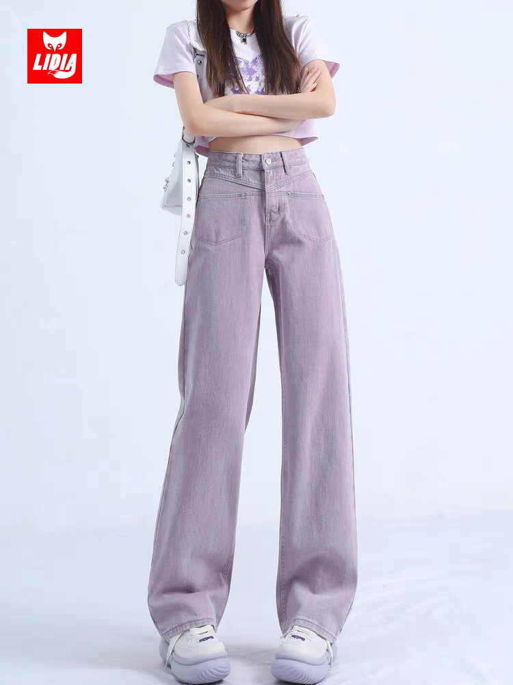 美式复古紫色阔腿牛仔裤女春秋2026新款梨形身材高腰窄版直筒裤子