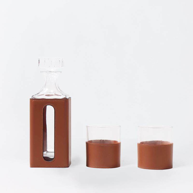 现代橙色皮革玻璃酒具套装客厅飘窗醒酒器装饰摆件餐桌茶几柜摆设