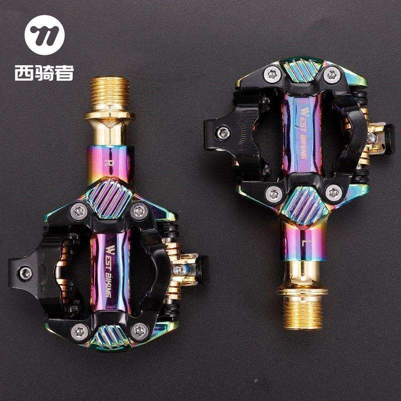 山地车自锁锁踏 炫彩轻量化铝合金脚踏轴承密封锁踏脚蹬骑行配件