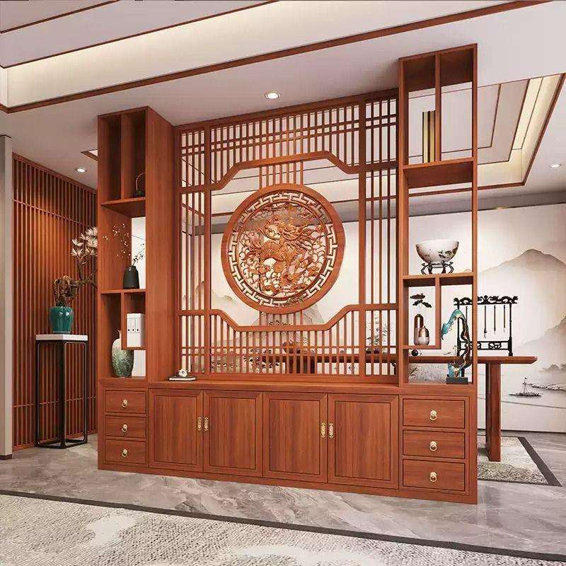 新中式乌金麒麟雕刻实木隔断客厅入户门玄关柜置物架高端装饰酒柜