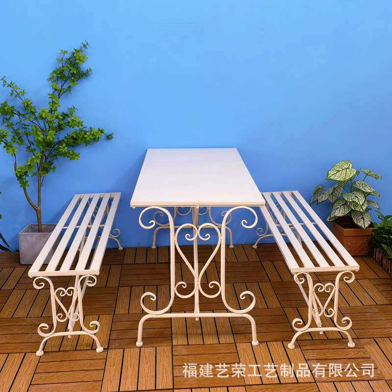 户外金属桌椅庭院露天阳台休闲茶桌椅室外餐厅铁艺美式长条桌组合
