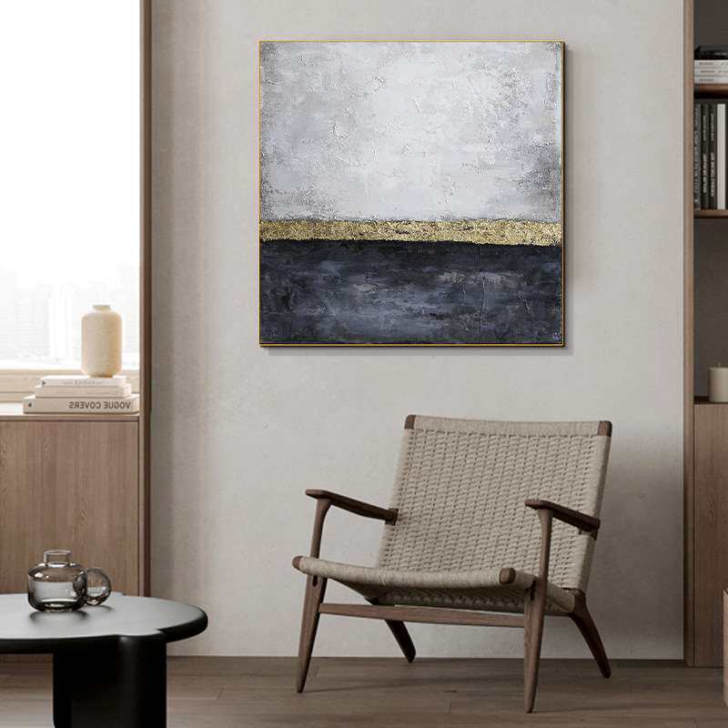 纯手绘油画轻奢金箔客厅装饰画简约抽象玄关壁画蓝色海浪肌理挂画